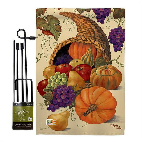Breeze Decor BD-HA-GS-113041-IP-BO-D-US12-PL 13 x 18.5 in. Cornucopia Fall Harvest & Autumn Vertical Double Sided Mini Garden Flag Set with Banner Pole