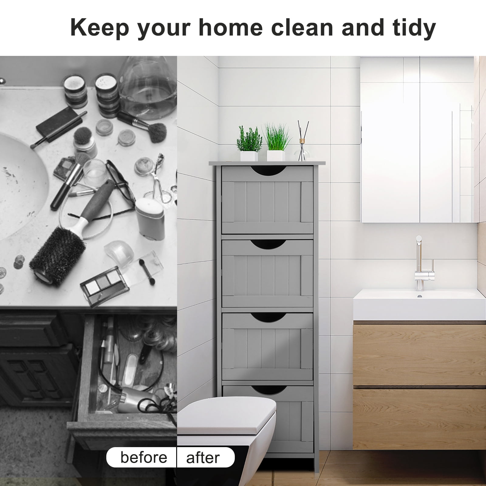 VINGLI Bathroom Cabinet 4 Drawers Storage Organizer Freestanding Bathroom Floor Cabinet Side Corner Storage for Bathroom Living Room Kitchen Office Grey 12" X 12" X 32"