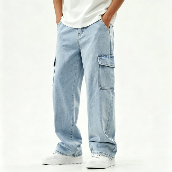 Cethrio Teen Boys Cargo Jeans, School Straight Leg Relaxed Fit Casual Denim Pants with Pockets Light Blue Size 16-17T