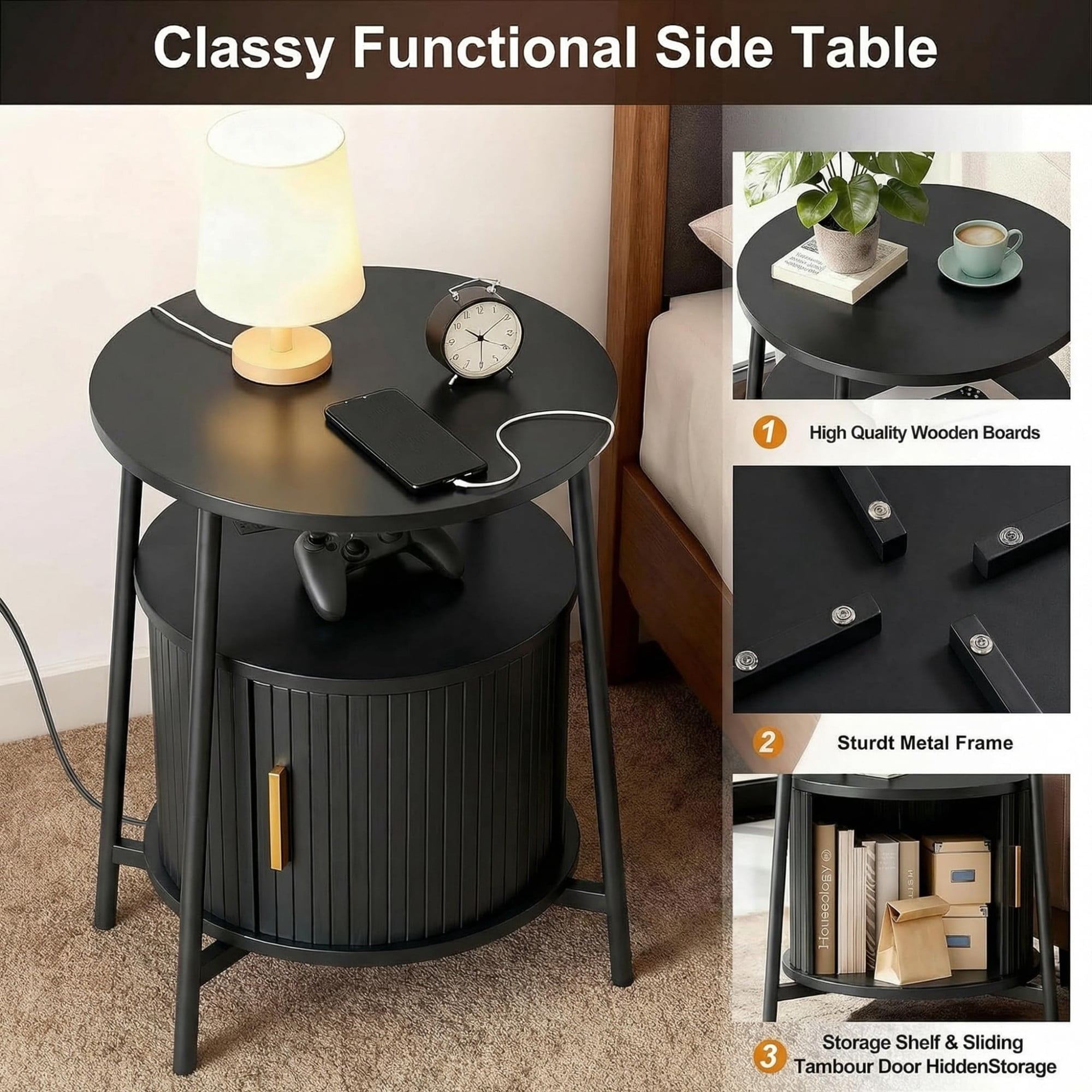 Round End Table Set of 2 with Charging Station, Fluted Side Table with Sliding Door, Mid Century Modern Nightstand for Bedroom & Living Room, Black