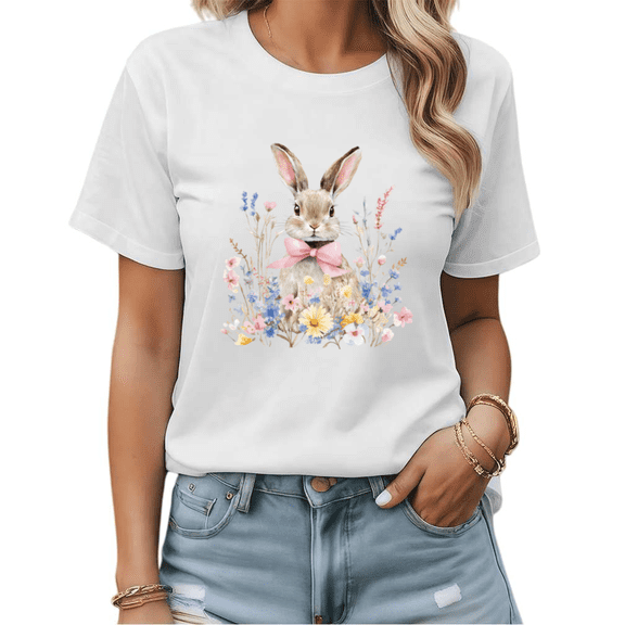Cute Easter Bunny Pink Bow Floral Graphic Tees Womans Tshirt Shirts Black White S-5XL Tops