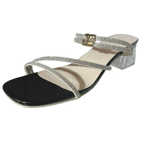 

DVKOVI Comfy Sandals for Women Walking Women Sandals Low Heel Fashion Bright Diamond Decoration Open Toe Square Heel Block Heel Comfortable Summer Slippers Black 37