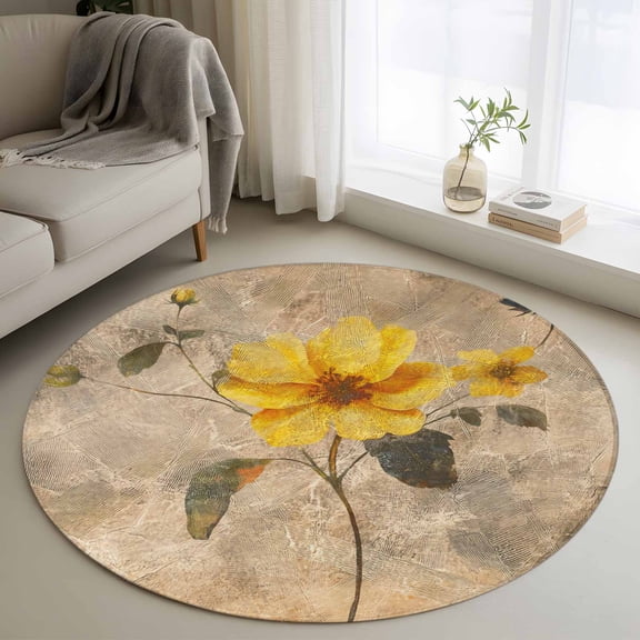 Round Rugs 3Ft, Vintage Yellow Floral Round Area Rug Washable Indoor Throw Carpet, Spring Summer Botanical Small Non Slip Circle Rug for Bedroom Living Room Home Decor Aesthetic