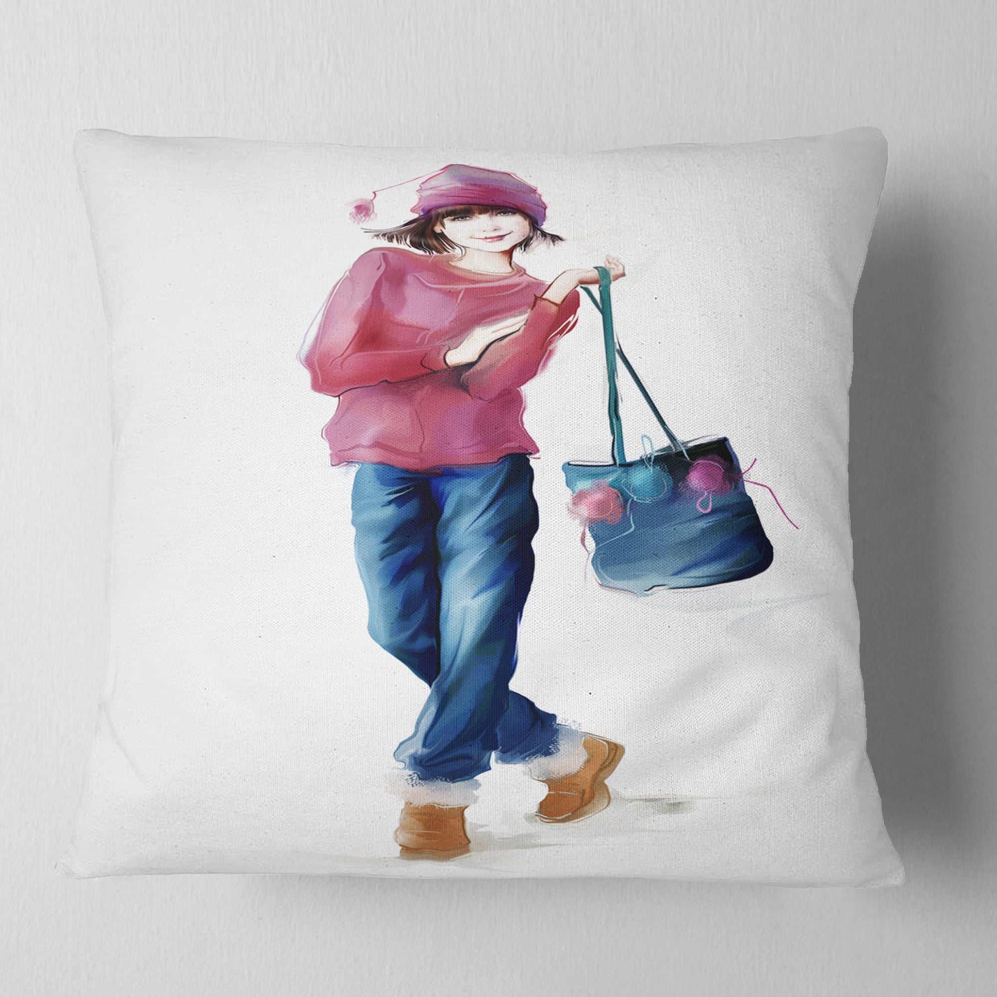 Designart Fashion Young Girl in Red - Portrait Throw Pillow - 16x16