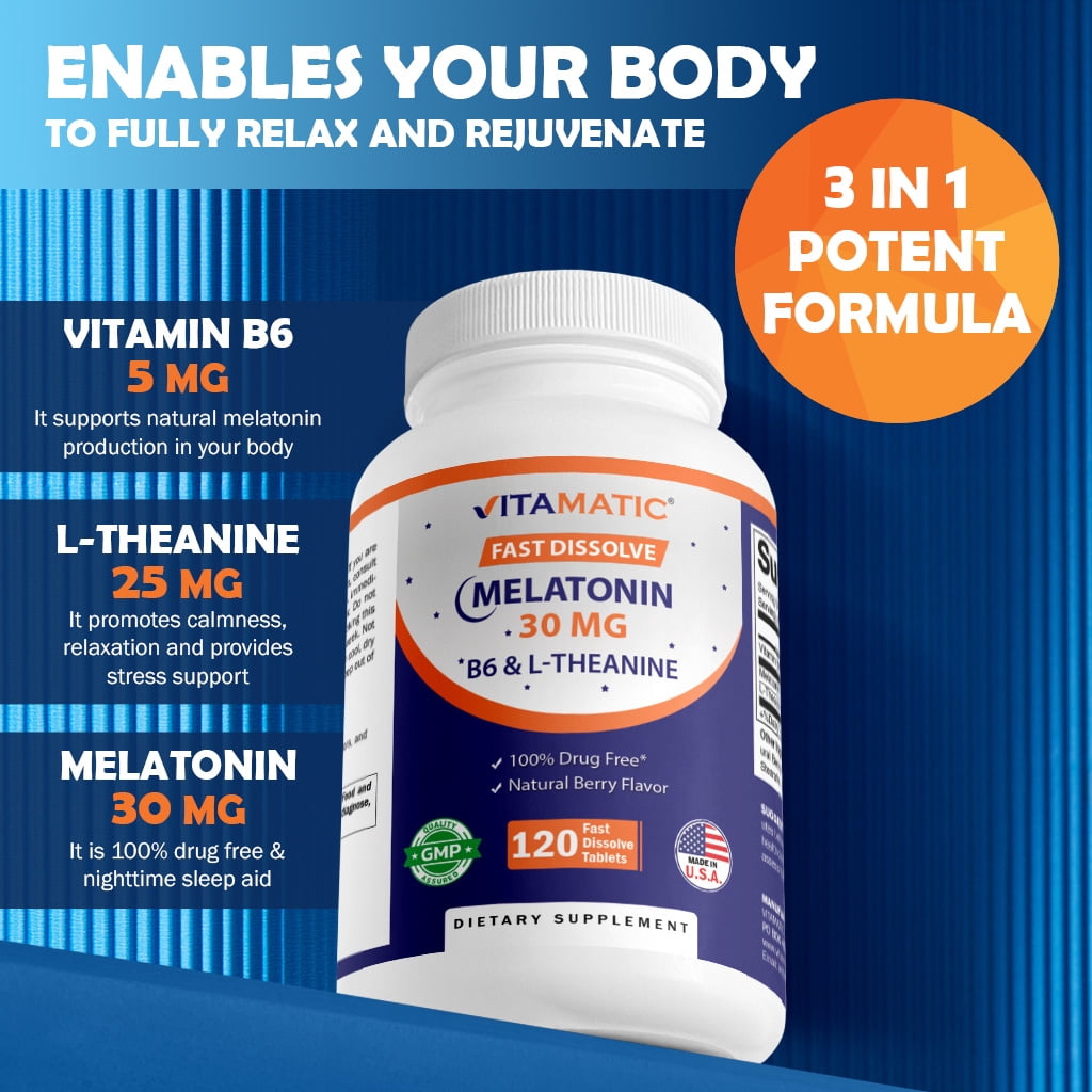 Vitamatic Melatonin 30mg - with B6 & L-Theanine - 120 Fast Dissolve Tablets with Natural Berry Flavor (2 Tablets Dose = Melatonin 60mg)- 2 Pack
