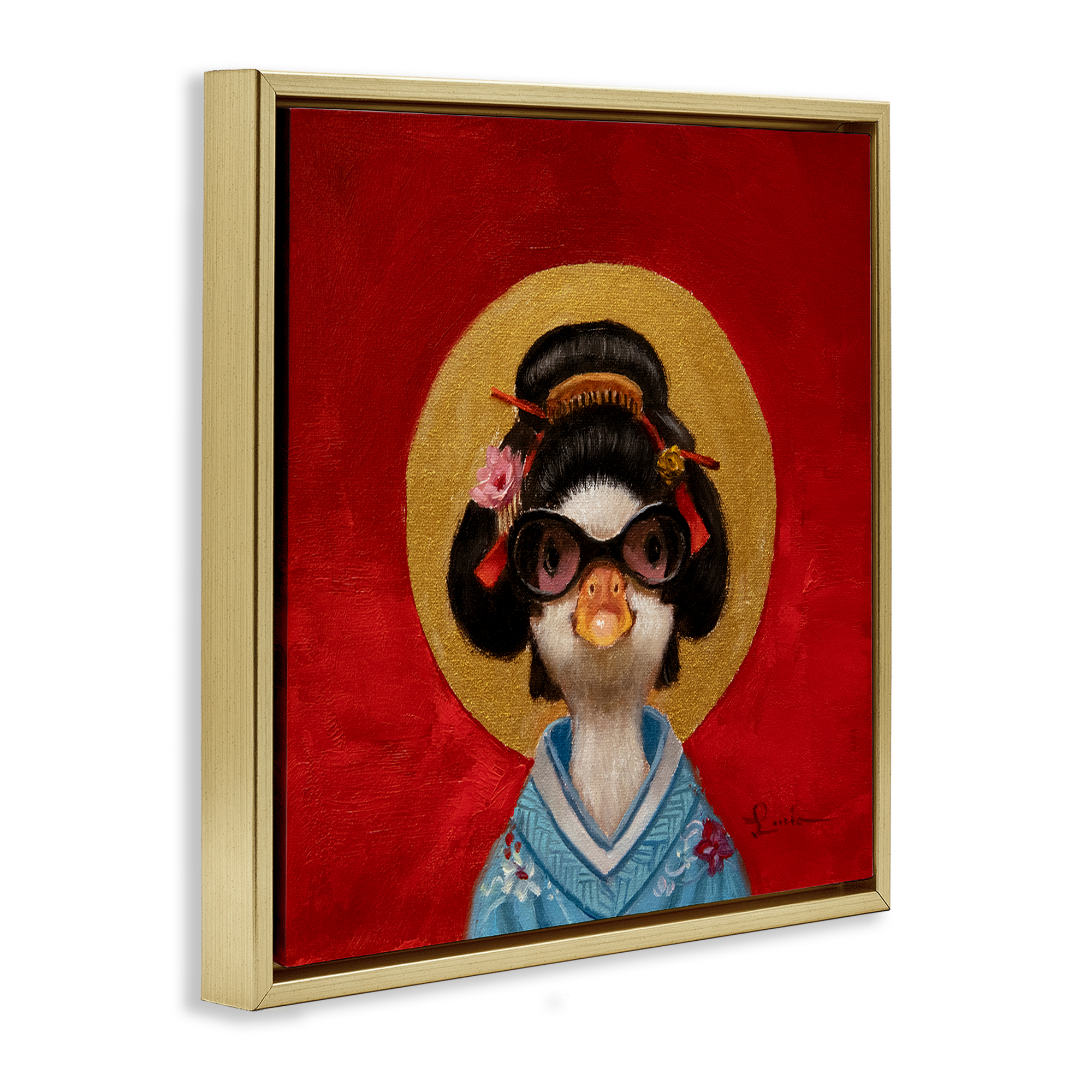 Stupell Industries Traditional Clothing Duck Animals Painting Gold Floater Framed Canvas Art Print Wall Art, 18 x 18