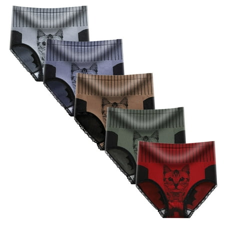

Womens Panties 5Pcs Cat Head Printed High Waist Lace Short Fashion Pants