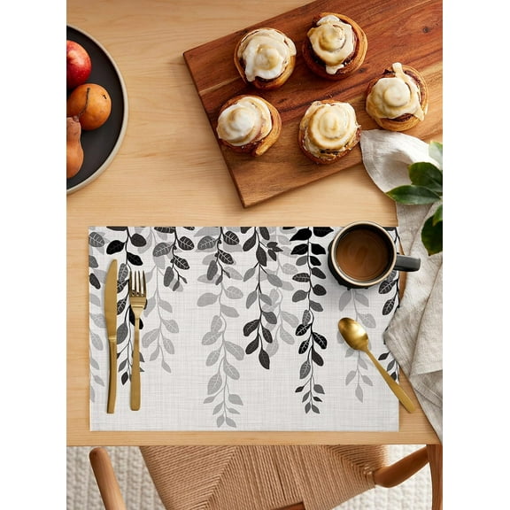 Gradient Eucalyptus Placemats Set of 6,Washable Woven Burlap Cloth Fabric Placemat for Square/Rectangle/Round/Oval Dining Table,Easy Clean Place Mats for Toddlers,Kids Grey Country Rustic Leaves Plant