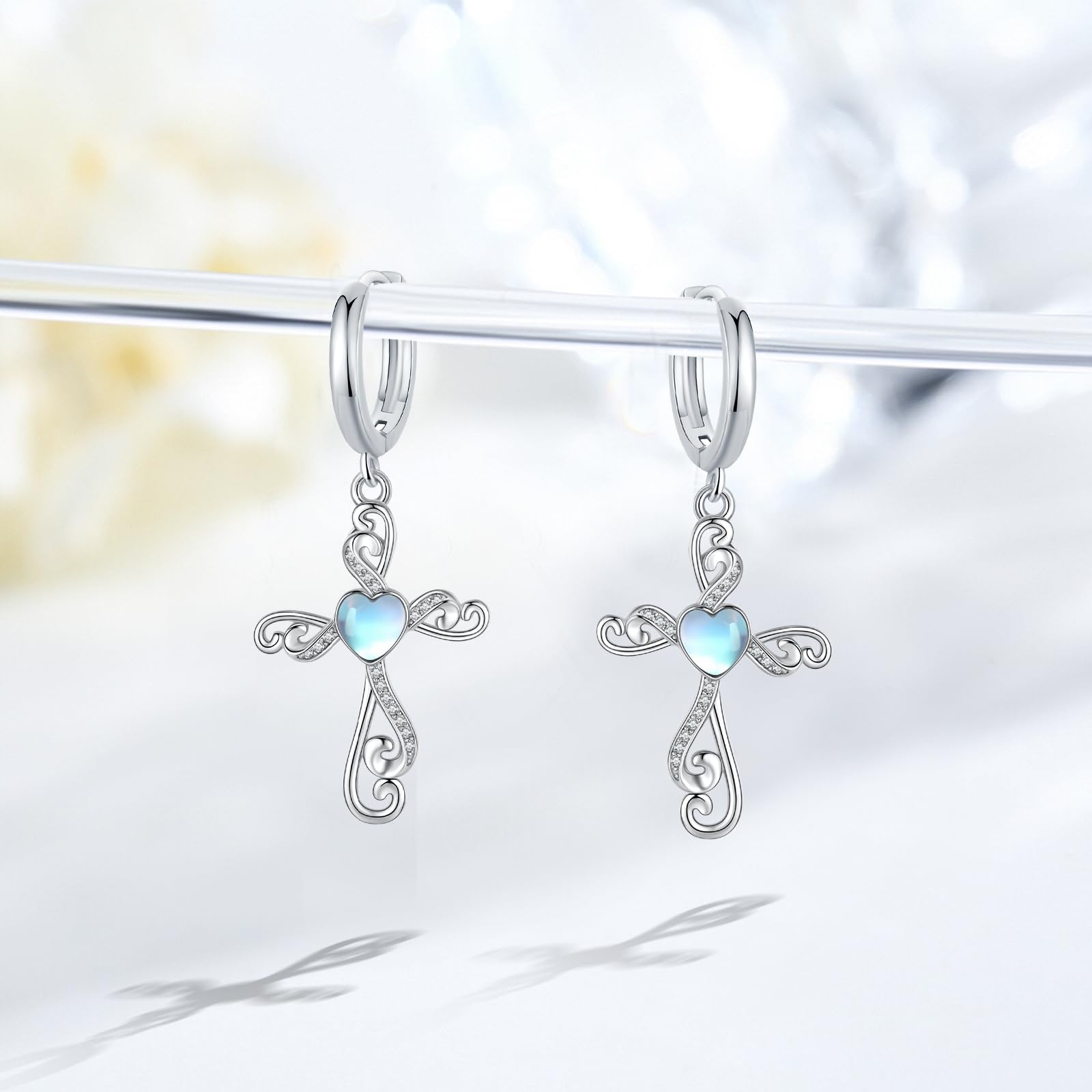 Coachuhhar Cross Hoop Earrings for Women 925 Sterling Silver Huggie Earrings Tiny Cartilage Earrings Mini Hoops Earrings Small Earrings Heart Moonstone Jewelry for Mother's Day
