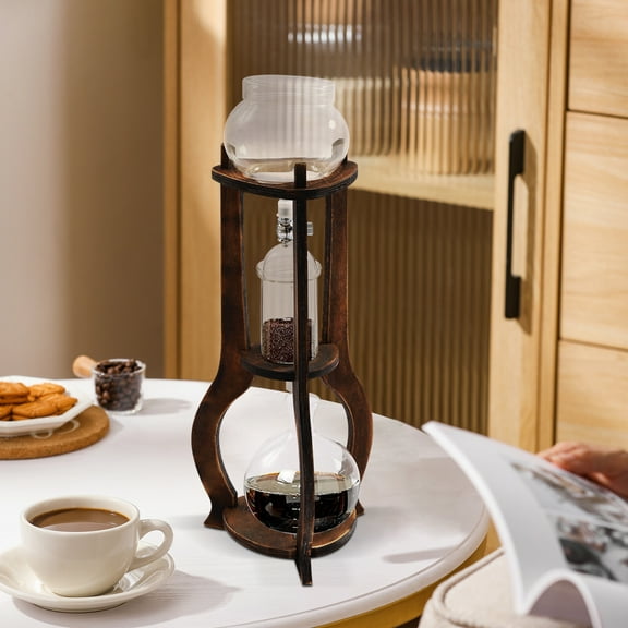 Cold Brew Drip Coffee Tower – 600ml Hand-Blown Glass Iced Coffee Maker with Wood Stand, Adjustable Flow Valve, Vintage Style for Home or Café Use
