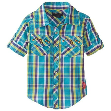 U.S. Polo Assn. Baby Girls' Plaid Rhinestone Studded Shirt with Roll Cuff Sleeve, Turkish, 18 Months