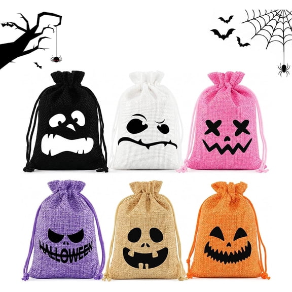 Halloween Burlap Drawstring Gift Bags, Ghost Face Treat Bags Reusable Candy Goodie Bags For Party Favors (6 Pack)