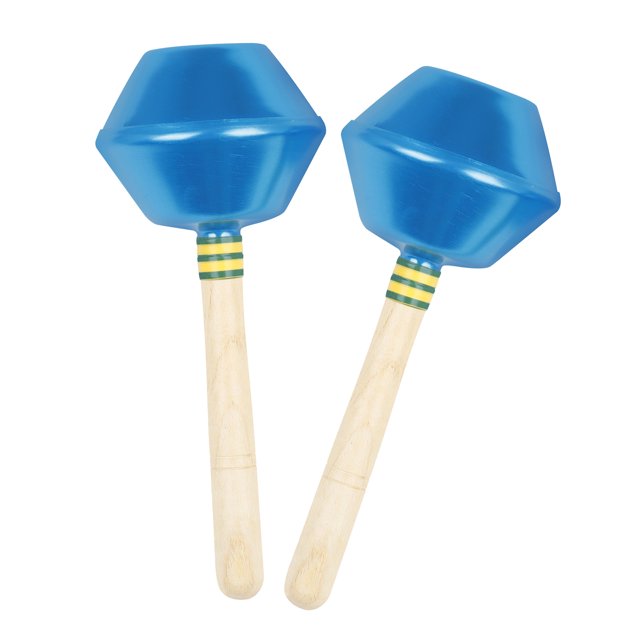 Maracas de aluminio con mango de madera, ideales para educación musical infantil y fiestas, en vibrante color azul.