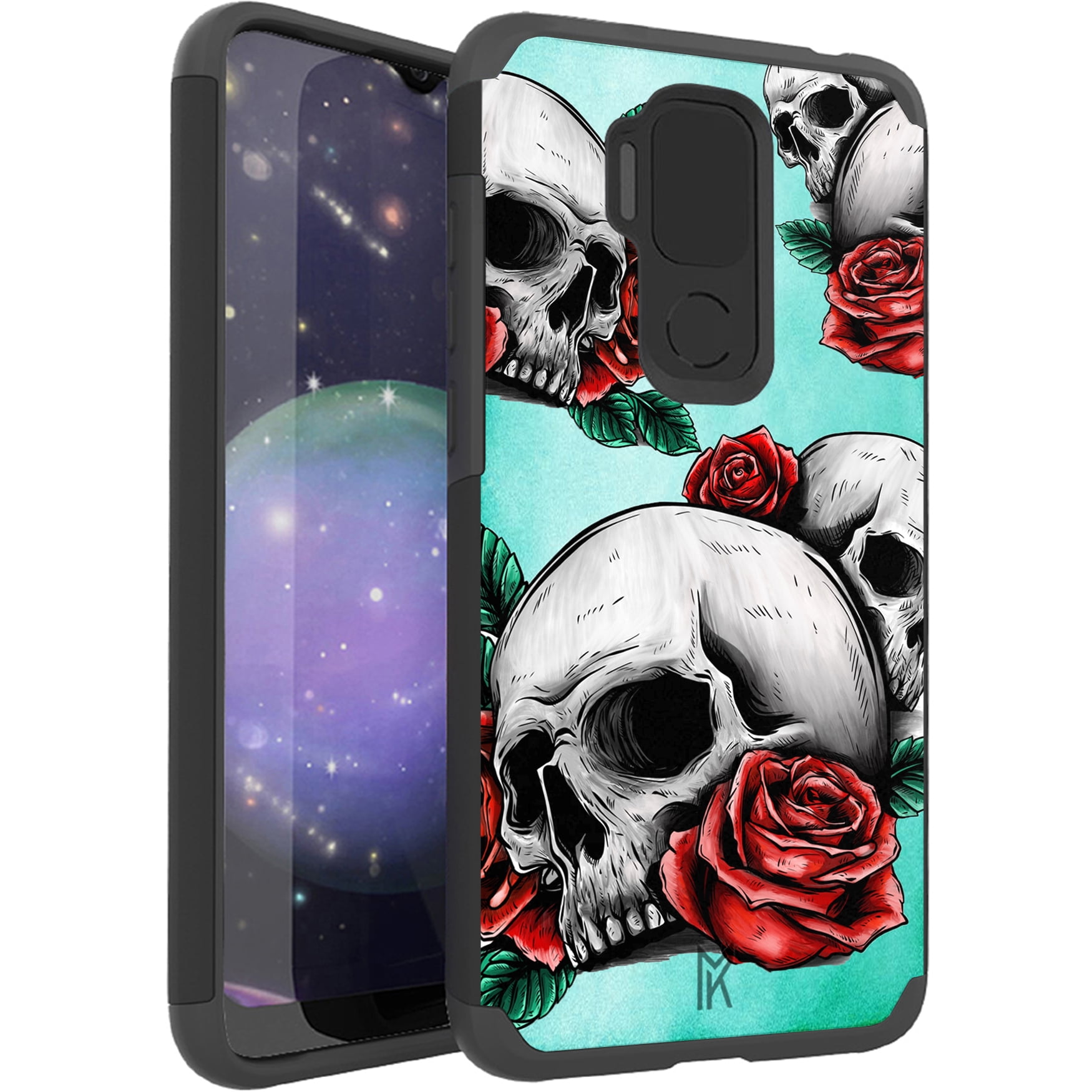 DALUX MetKase Hybrid Slim Phone Case Cover Phone Case Compatible with Cricket Influence / AT&T Maestro Plus (V350U) - Teal Skull Romance