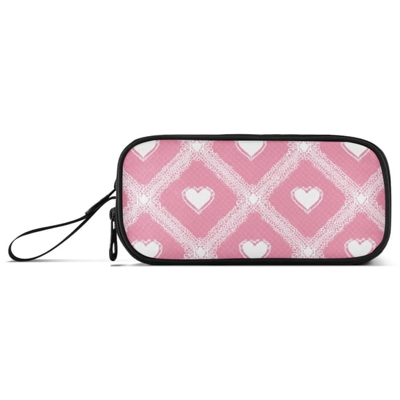 Lace Grid with Hearts Valentine Pencil Case Stationary Holder Pen Bag Pencil Pouch Tool Organizer 3 Compartments