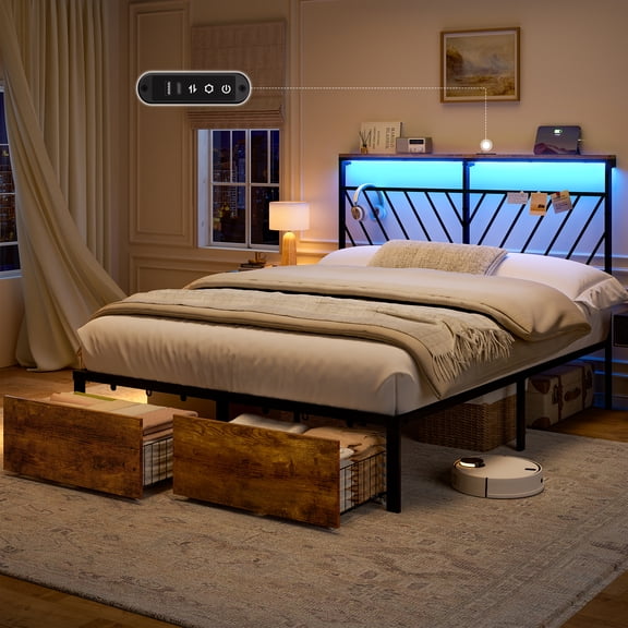 GUNAITO Cadre de Lit Grand avec Tête de Lit de Rangement de 124 cm de Haut et 2 Tiroirs, Lit Plateforme en Métal avec Éclairage DEL et Station de Recharge, Brun Rustique