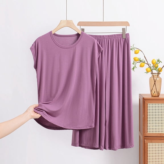 Timegard 2 Piece Sets for Women Plus Size Cap Sleeve Crew Neck Shorts Outfits Loose Soft Pajamas Homewear