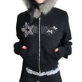 thumbnail image 3 of Yigetop Faux Fur Jacket Women Zip Up Hoodie Collar Jacket 2000S Clothes Women Crop Winter Coats Teen Vintage Streetwear Fur Trim Top Black L, 3 of 10