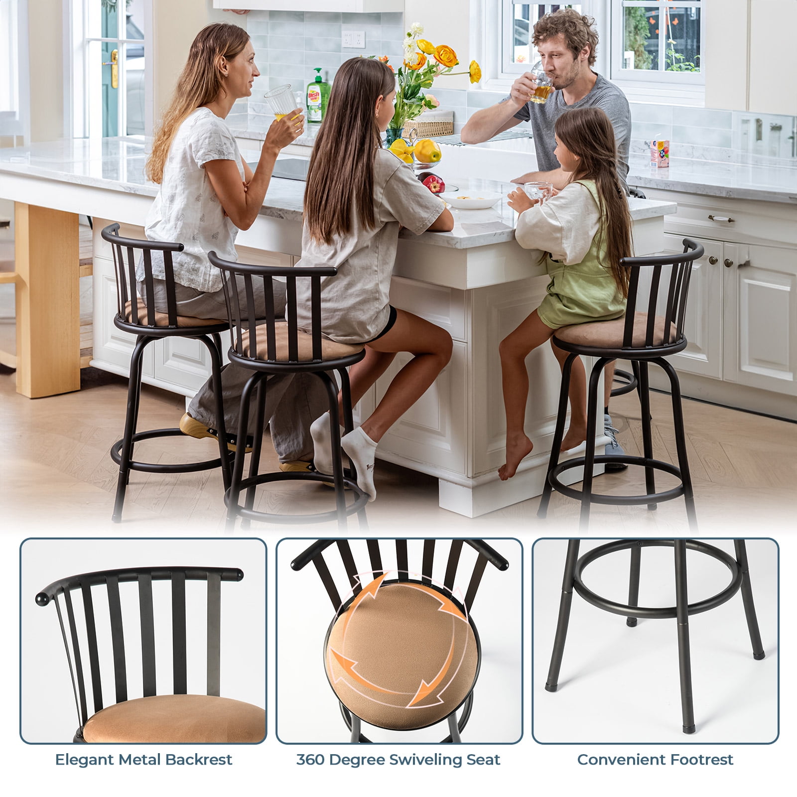 Homy Casa Swivel Counter Height Bar Stools Set of 2 with Back, Adjustable 24 or 29 Inch Upholstered Counter Stools for Kitchen Island, Brown