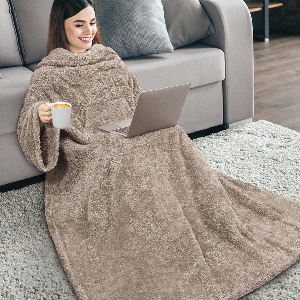 PAVILIA Fluffy Blanket with Sleeves Women Men Adults, Wearable Blanket Plush Soft Fuzzy, Hug Sleep Pod Snuggle Pocket Sleeved TV Throw, Sherpa Fleece Warm Cozy Shaggy Gifts Ideas Mom Wife, Taupe Tan