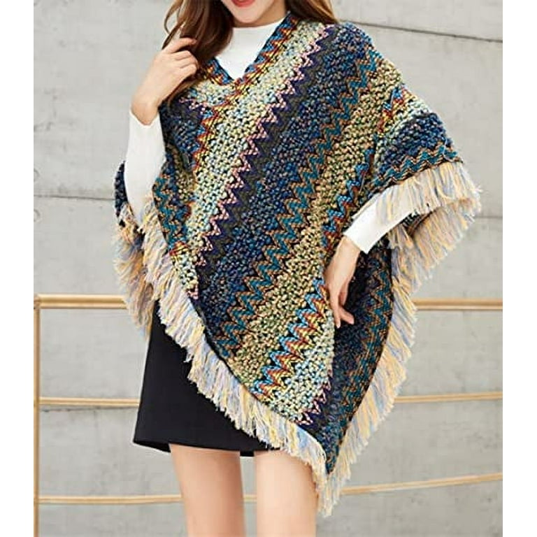 Hit Color Stripe Irregular Tassel Cloak Sweaters Hit Color Stripe Irregular Tassel Cloak Sweaters