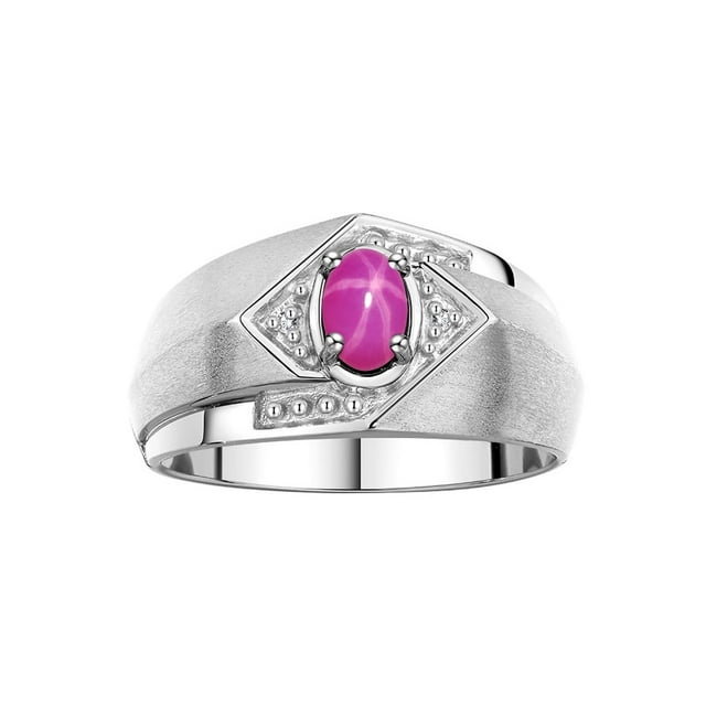 RYLOS Mens Rings 14K White Gold Ring 6X4MM Oval Shape Gemstone & Diamond Ring Star Ruby July Birthstone Rings For Man Gold Rings Size 10
