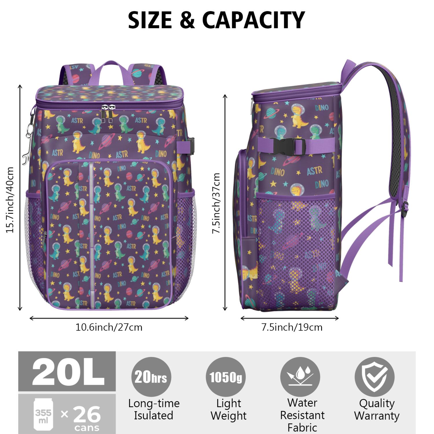 Travel Cooler Bag - Purple Cartoon Dinosaurs Planets Stars Pattern Camping Beer Cooler Backpack with Bottle Opener- Waterproof Insulated Picnic Backpacks - Cooler Bag for Beach