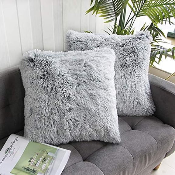 Eryueer 2 Packs Fluffy Plush Pillow Cover 22"x22", Fall Winter Home Decorative Luxury Gray Soft Fuzzy Faux Fur Throw Pillow Cover Cushion Case for Sofa Bed, Gray Ombre 55x55 cm Two Sides Fur