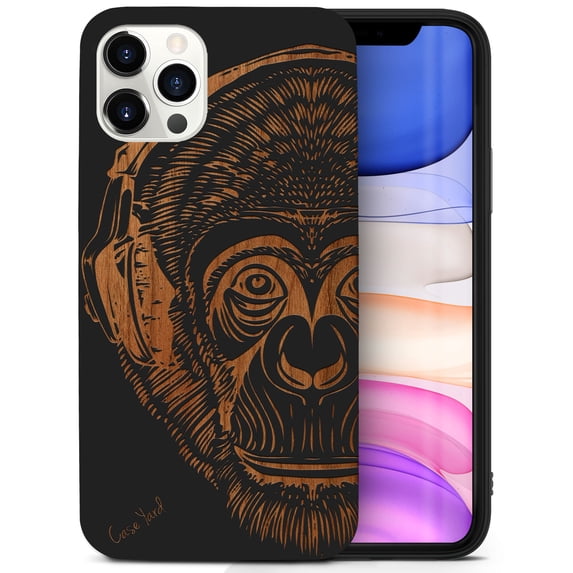 Case Yard Wooden Case for iPhone-12/12-Pro Soft TPU Silicone cover Slim Fit Shockproof Wood Protective Phone Cover for Girls Boys Men and Women Supports Wireless Charging Headphone Monkey Design