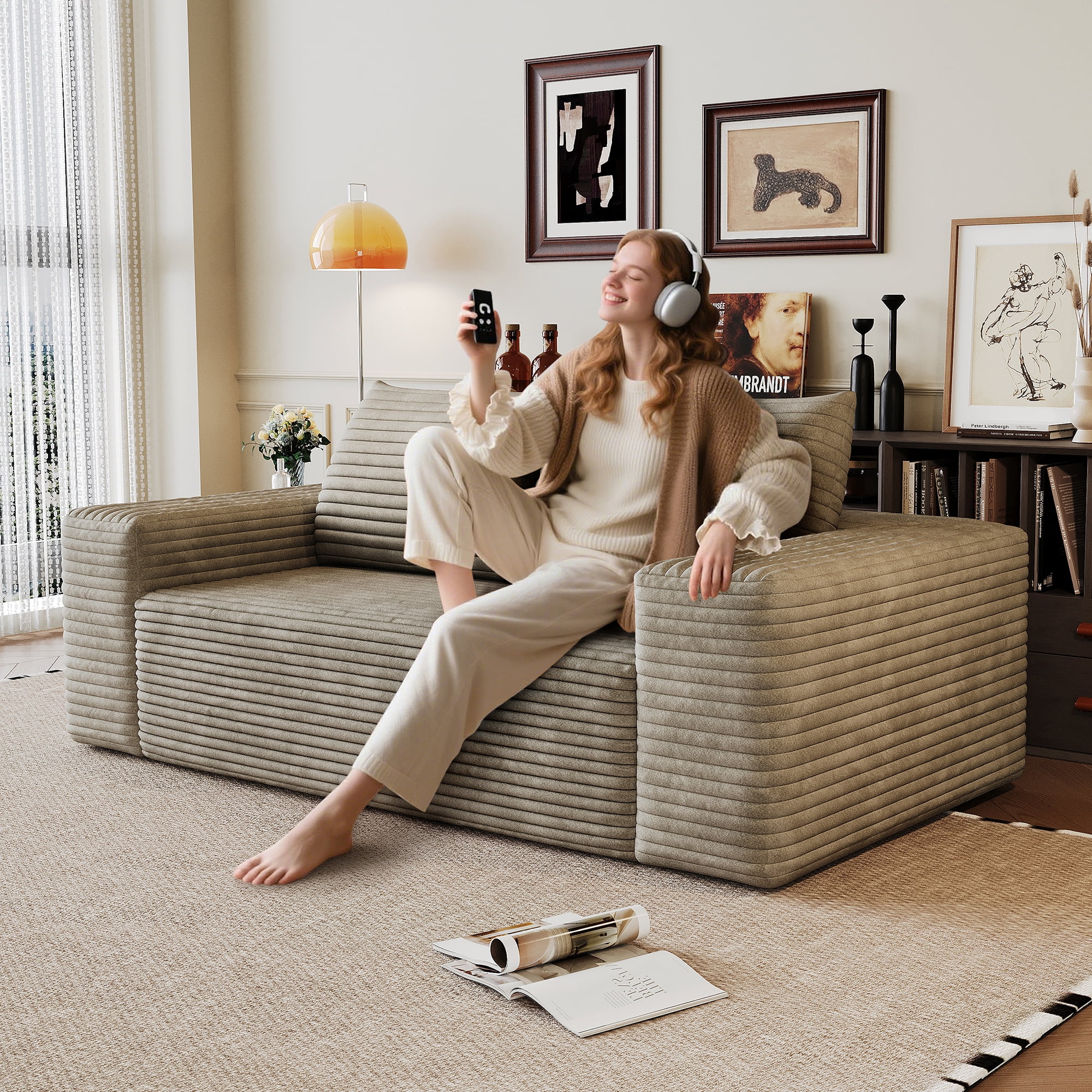 OTONIPU 63" Corduroy 2-Seater Sofa, Deep Seat Couch for Small Spaces, No Assembly, Camel
