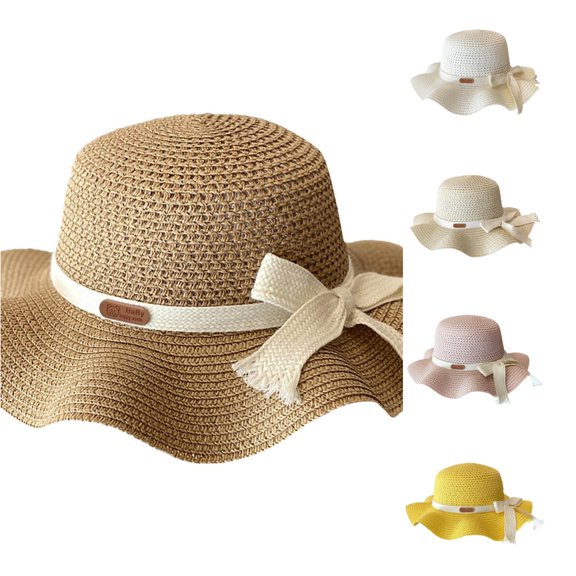 TBWNWG Girls Summer Sun Hat Cute Bow Beach Straw Wide Brim Visor Fisherman Cap for Children Outdoor Travel,Size 54