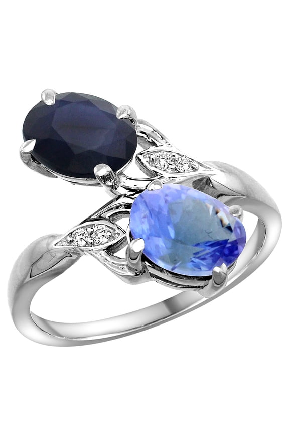 14k White Gold Diamond Natural HQ Blue Sapphire & Tanzanite 2-stone Ring Oval 8x6mm, size 5