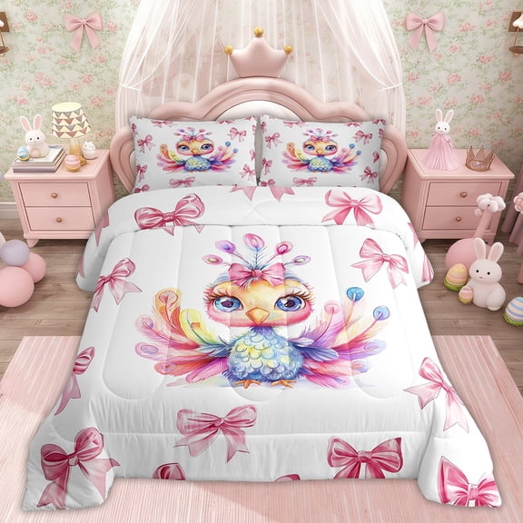 Erosebridal Cartoon Peacock Bedding Sets Twinwith Comforter, Pink Bow-tie Duvet Insert, Cute Animal Decor, Reversible 2 Pieces