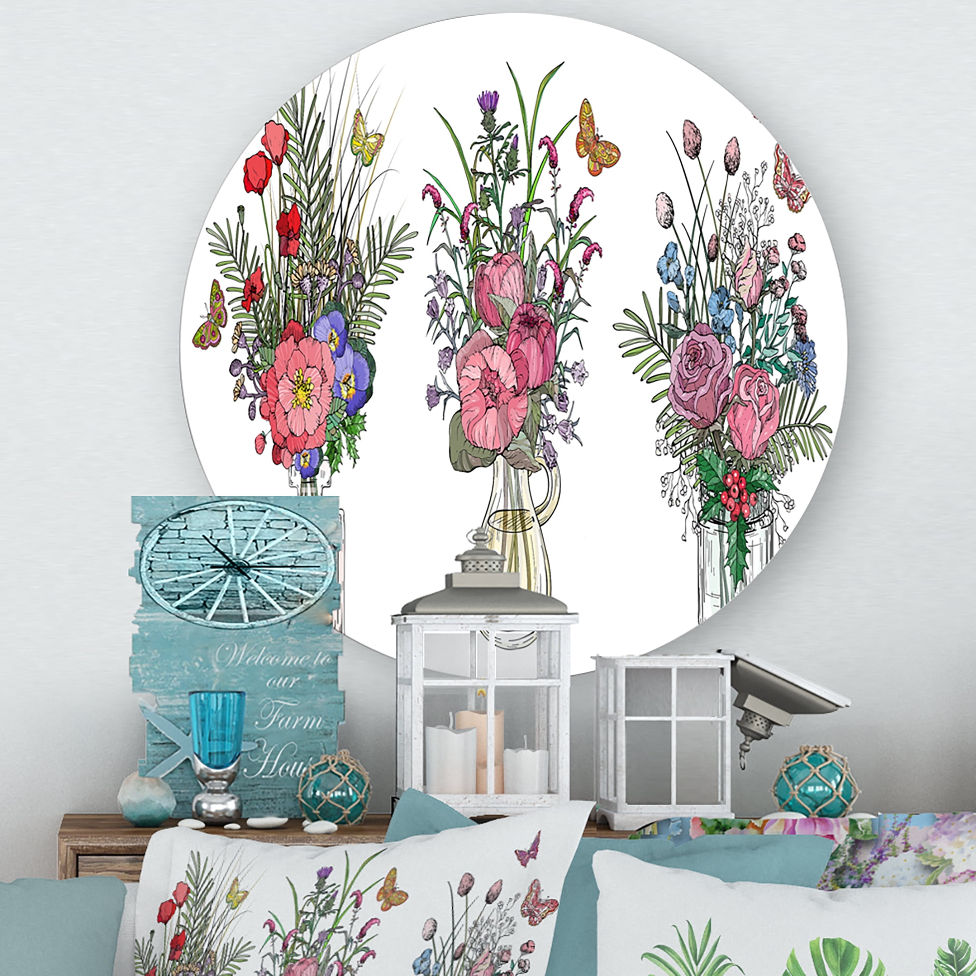 Designart 'Transparent Vases With Bouquets of Wildflowers II' Farmhouse Circle Metal Wall Art 23x23 - Disc of 23