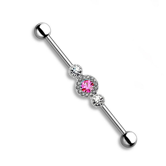 Surgical Steel Industrial Barbell 14 Gauge 1-1/2"  Center CZ Gem