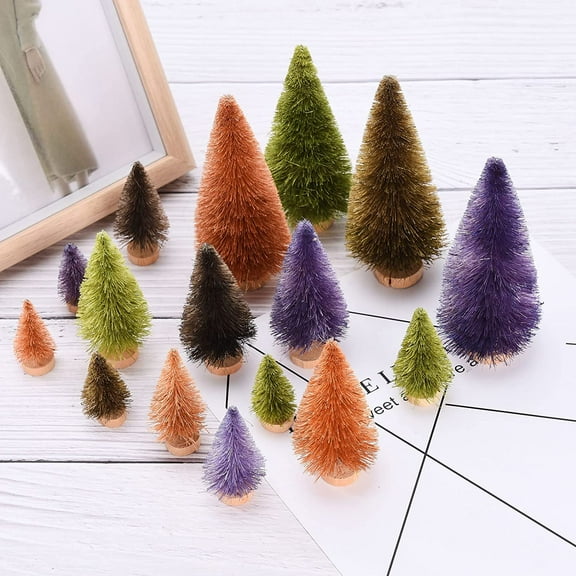 Yoyauz Christmas Trees 16 Pcs Artificial Mini Christmas Trees Miniature Pine Trees 4 Sizes Sisal Trees with Wood Base Bottle Brush Trees Tabletop Xmas Tree for Crafting Displaying Decoration
