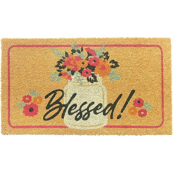 Coir Doormat for Front Door, All Seasons, Indoor/Outdoor, Durable, Non-Slip, Natural, Flower Jar