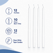 Hyoola 12 White Dripless Taper Candles, 12 Pack, 10 Hour Burn Time, European Made, Unscented Dinner Candles with Cotton Wicks for Weddings, Centerpieces, Events & Home Decor