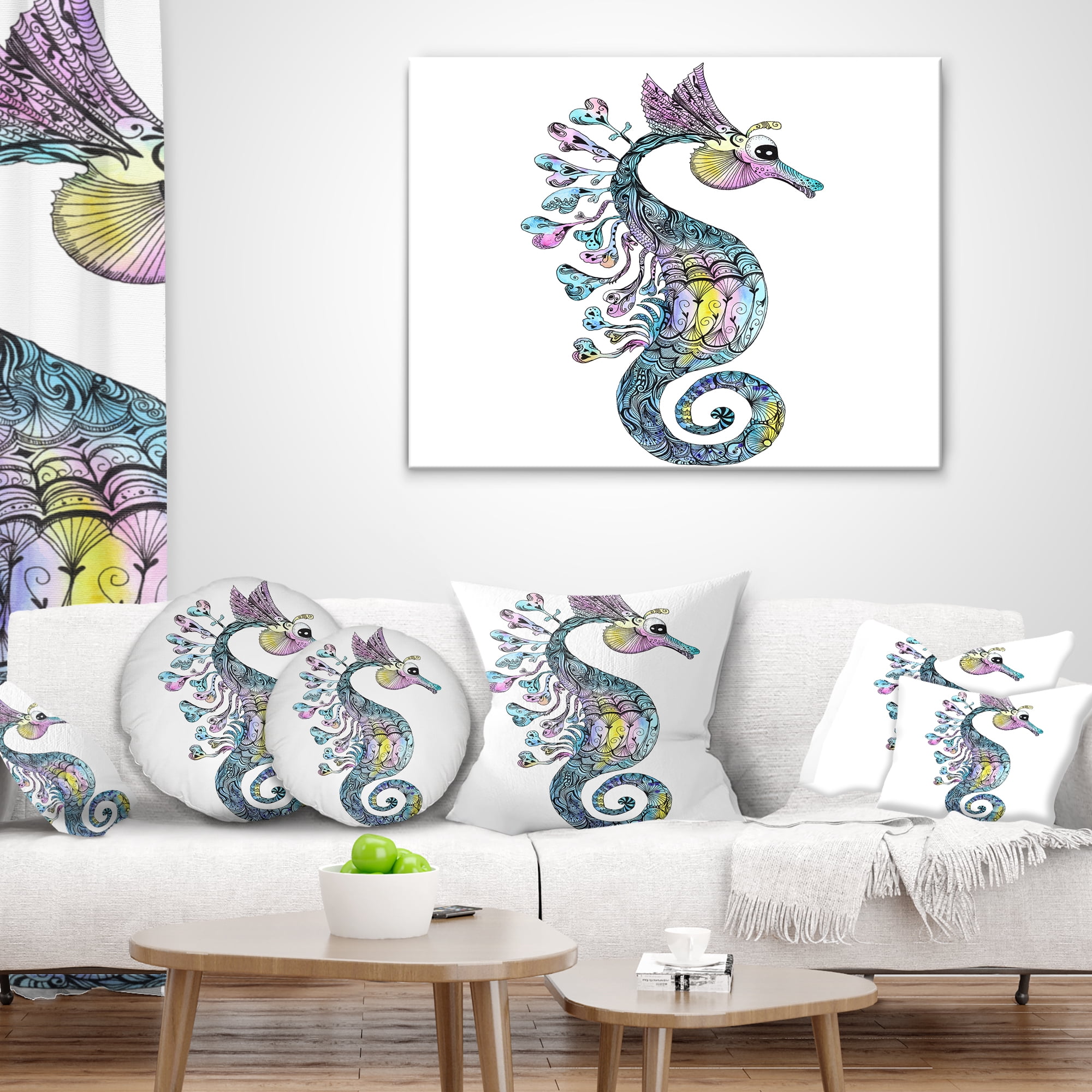 Designart Colorful Seahorse Watercolor - Animal Throw Pillow - 18x18