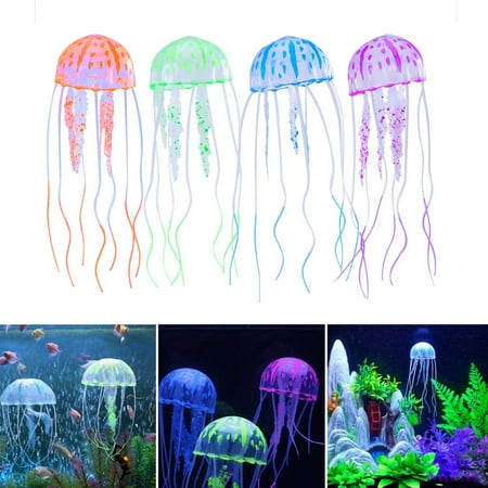 Jellyfish Aquarium Decorations EEEkit 4pcs Glowing Effect Artificial Jellyfish Aquarium Decor Fish Tank Silicone Ornament Instant Suction Cup Installation