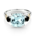 thumbnail image 2 of Gem Stone King 925 Silver and 10K Yellow Gold Sky Blue Simulated Aquamarine and Black Diamond 3 Stone Ring for Women (4.34 Cttw, Gemstone Birthstone, Cushion 10MM, Round 4MM, Size 5), 2 of 3
