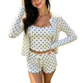 thumbnail image 3 of Karymi Cute Tops for Women Polka Dot 3 Piece Set, Long Sleeve Button Front Cardigan, Square Neck Crop Cami Top, Drawstring Elastic Waist Shorts, Vacation Outfit, 3 of 7