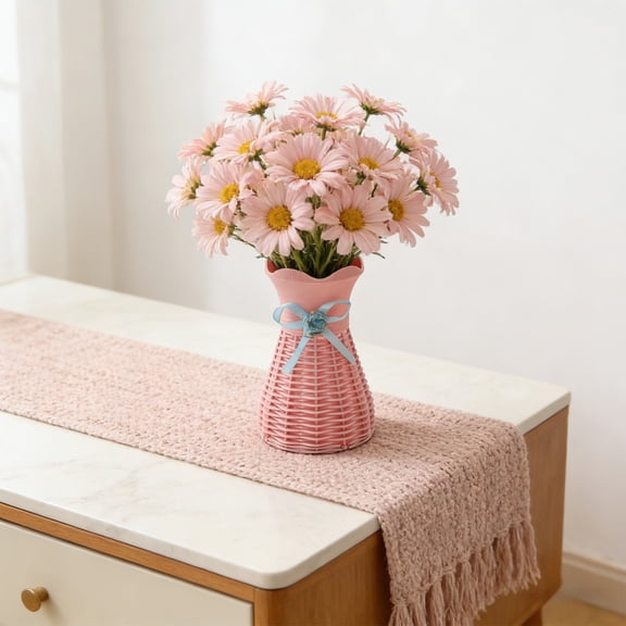 Bcylexb 6" Faux Weave Decorative Vases for Flowers, Cute Plastic Flower Vase with Bow Decorative Vase for Table Centerpiece Wedding Office Bouquet Decor