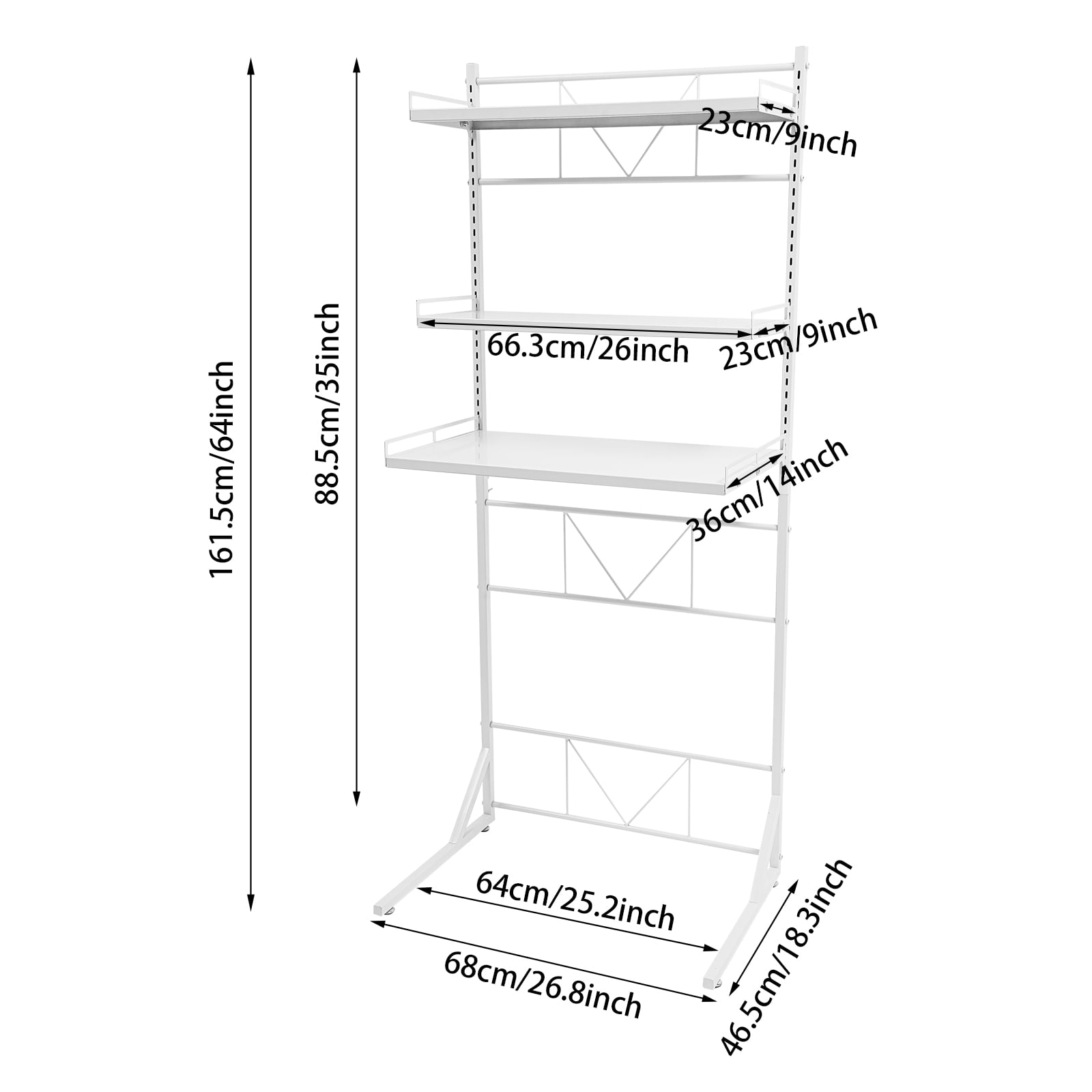 White Steel 68*46.5*88.5-161.5cm Upper 3-Layer Storage Rack For Washing Machine Floor-Standing Storage Rack