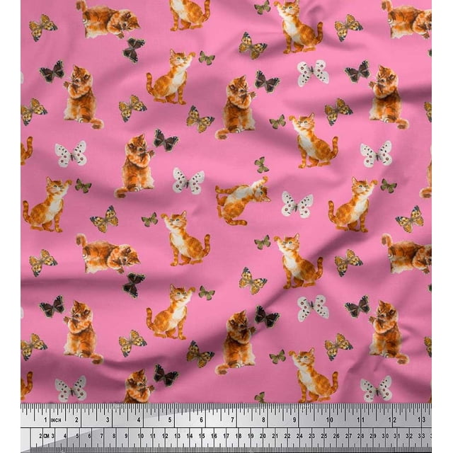 Soimoi Pink Moss Georgette Fabric Insect & Cat Animal Print Fabric by The Yard 42 Inch Wide