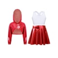 thumbnail image 3 of Hansber Kids Girls Hip Hop Dance Outfit Shiny Metallic Cropped Hoodie Sweatshirt Sports Bra and Skirt Set Red White 12, 3 of 7
