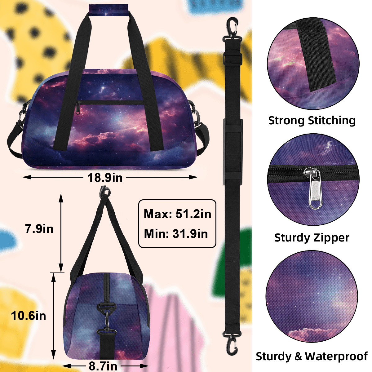 Herdesigns Galaxy Nebula Sports Duffle Bag for Women & Men, Starry Sky Space Universe Gym Bag Dance Bag Overnight Bag Carry On Weekender Travel Bag