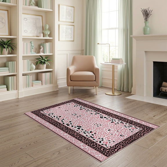 ODIKA Pink Leopard Cheetah Spotted Print Bold Stripe Border Motif Zebra Stain Resistant Low Profile for Dorm Room, Small Living Apartment