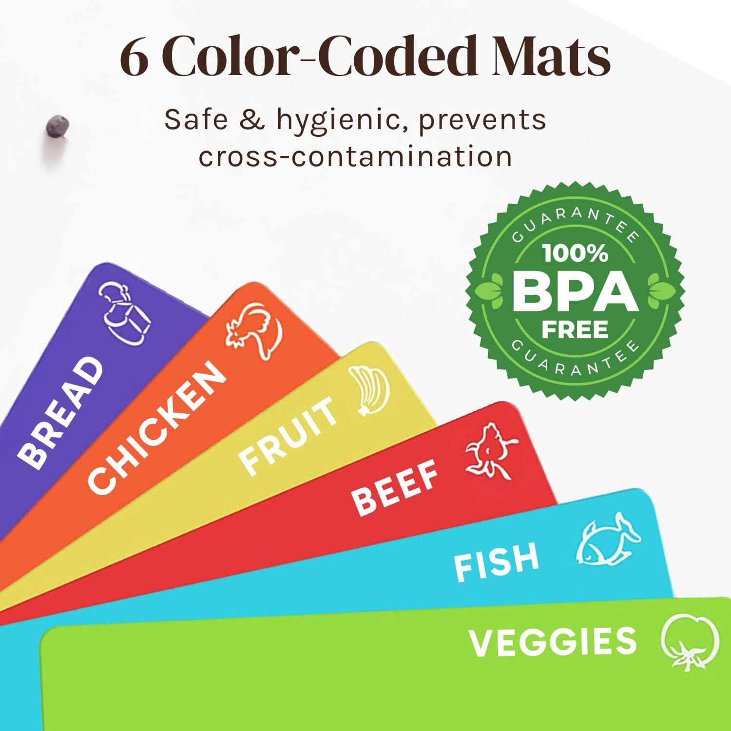Easy-to-Clean Bamboo Wood Cutting Board with set of 6 Color-Coded Flexible Cutting Mats with Food Icons