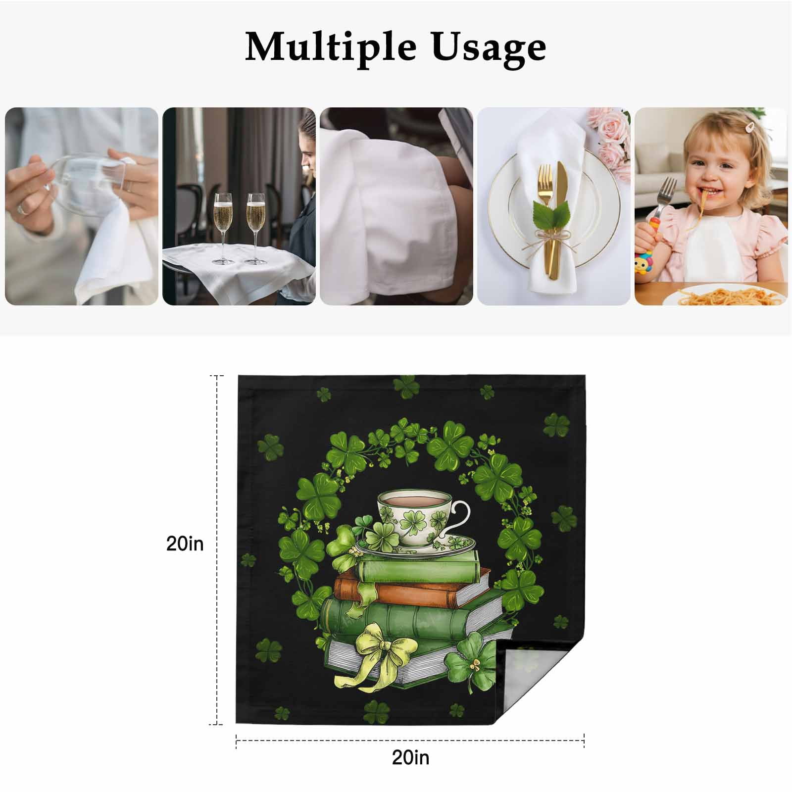 St Patrick's Day Cloth Napkins, Shamrock Leaf Coffee Cups Books Dark Green Washable and Reusable Dinner Napkins Set of 8, Table Napkin for Kitchen Party Birthday Wedding Hotel Housewarming 20"x20"